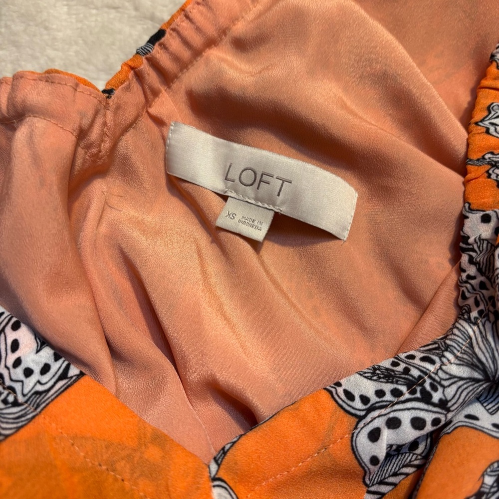 SALE! LOFT Dress XS Orange Black White Floral Mini Retro Ruffle Elastic Neckline - Picture 13 of 16